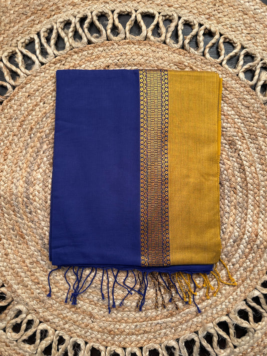 Blue-Mustard Piku Bengal Cotton Saree