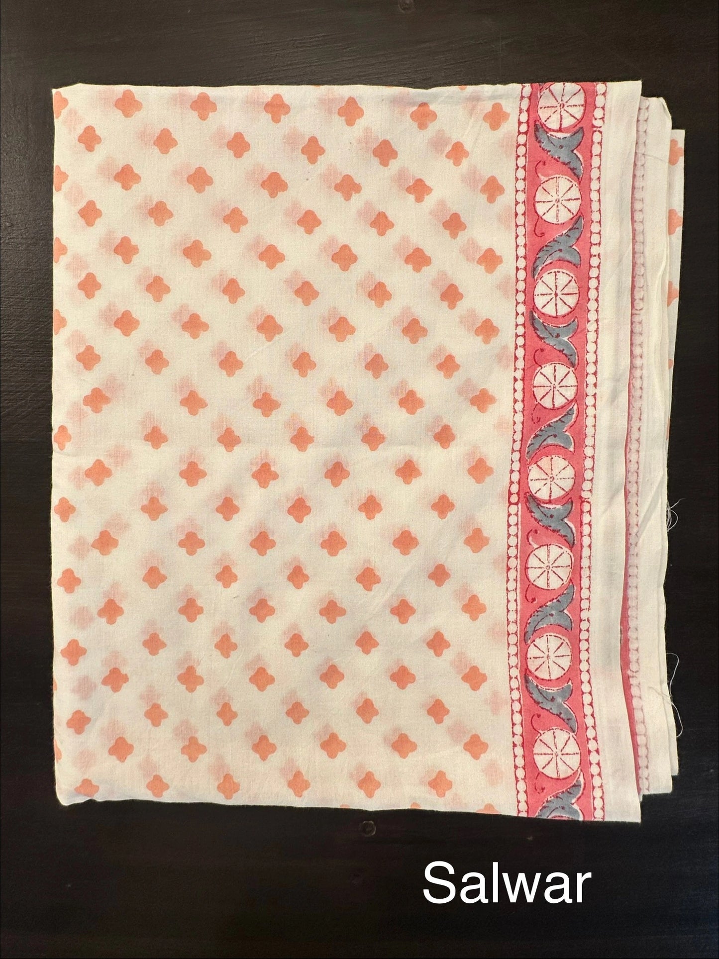 Off White-Peach Hand Block Printed Chanderi 3-Piece Unstitched Suit with Aari Work