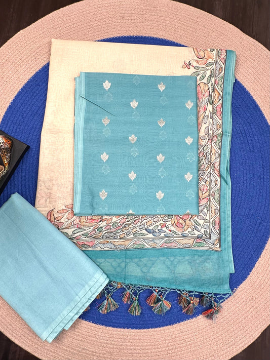 Pastel Blue Chanderi 3-Piece Unstitched Suit with Madhubani Dupatta