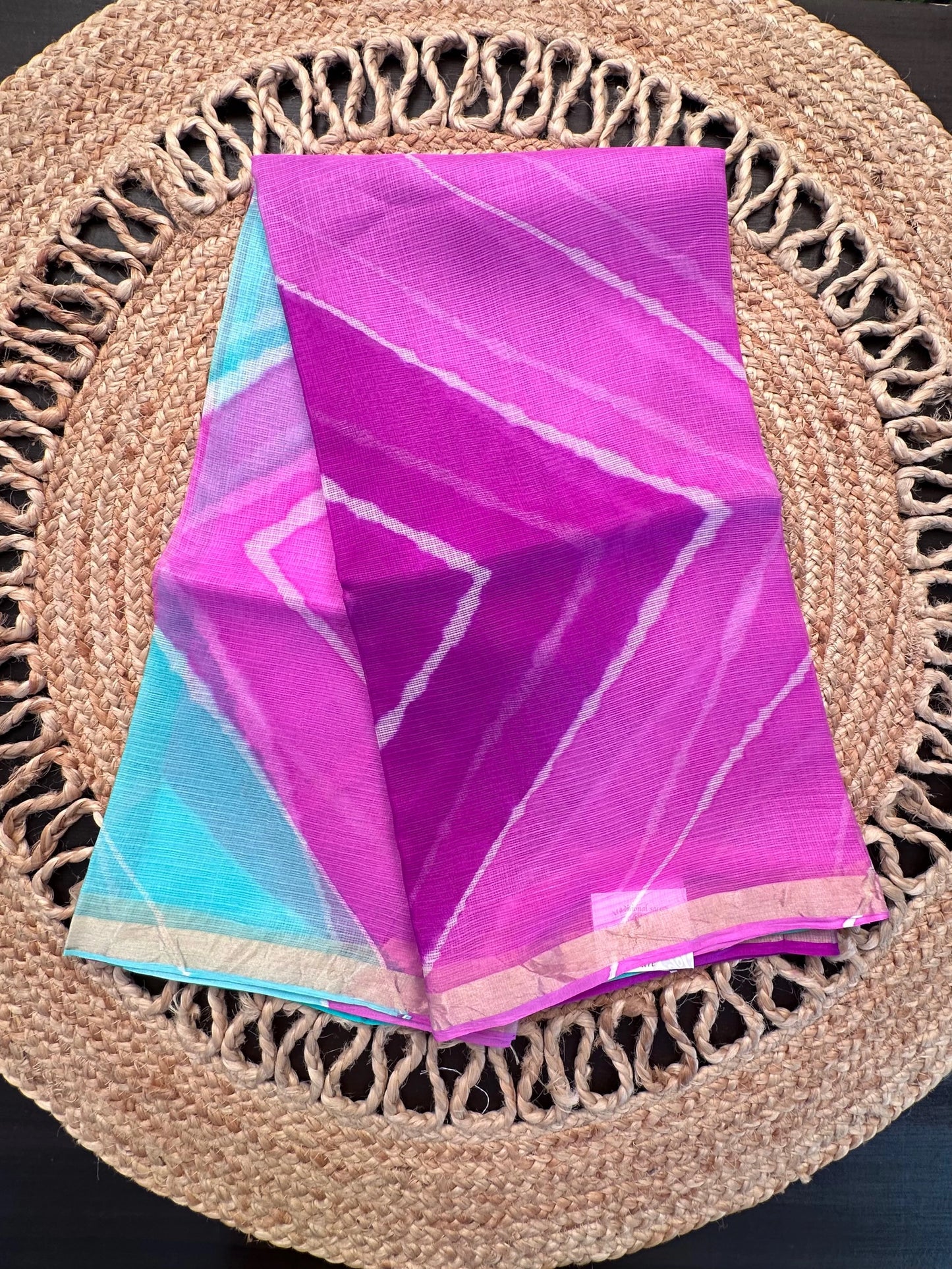 Purple-Sea Green Leheriya Kota Doria Pure Silk Saree