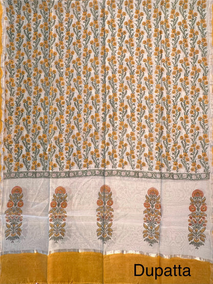 Yellow Chanderi Khadi Hand Block Printed 3-Piece Unstitched Suit