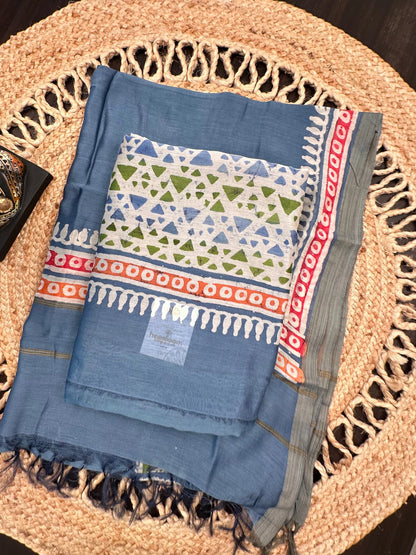 Blue Trisha Printed Chanderi 3-Piece Unstitched Suit