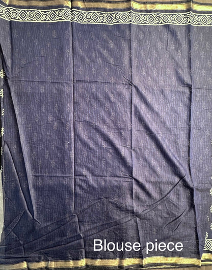 Indigo Blue Printed Cotton Blend Saree