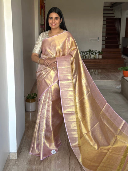 Baby Pink Handloom Jamawar Pure Tissue Silk Saree