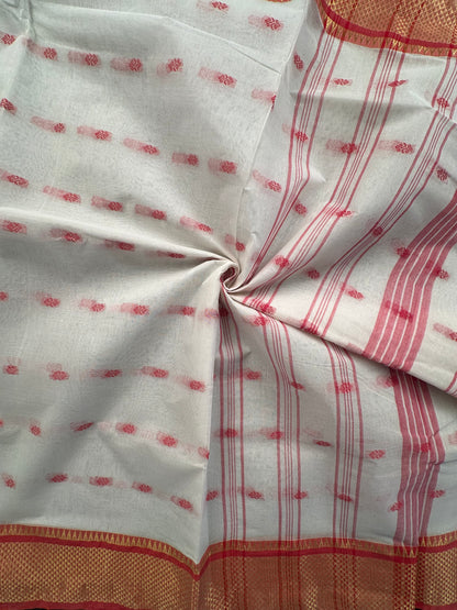 White Red Doodh Aalta Pure Cotton Saree