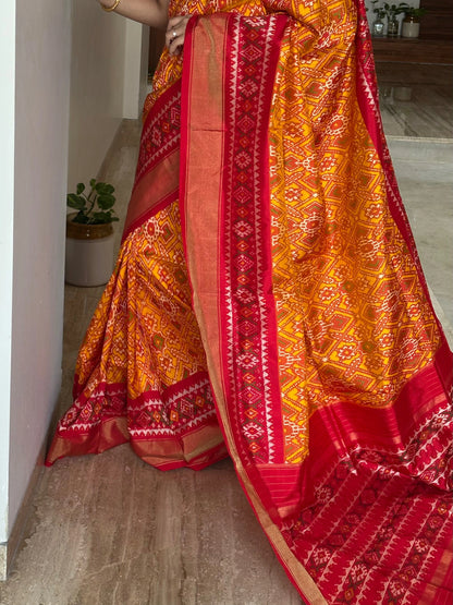Mustard-Red Patola Handloom Silk Saree