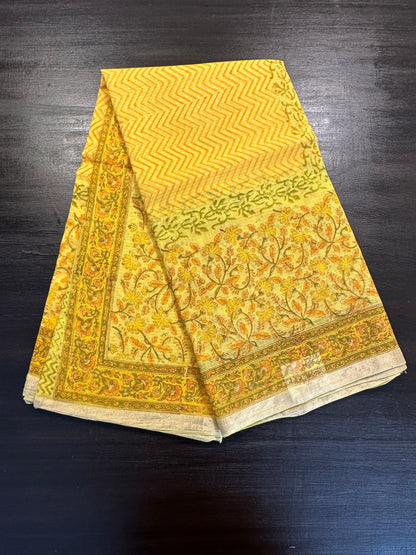 Yellow Block Print Kota Doria Cotton Saree