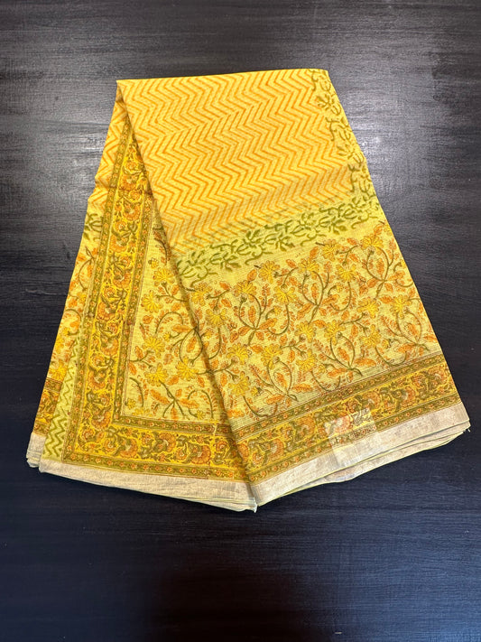 Yellow Block Print Kota Doria Cotton Saree