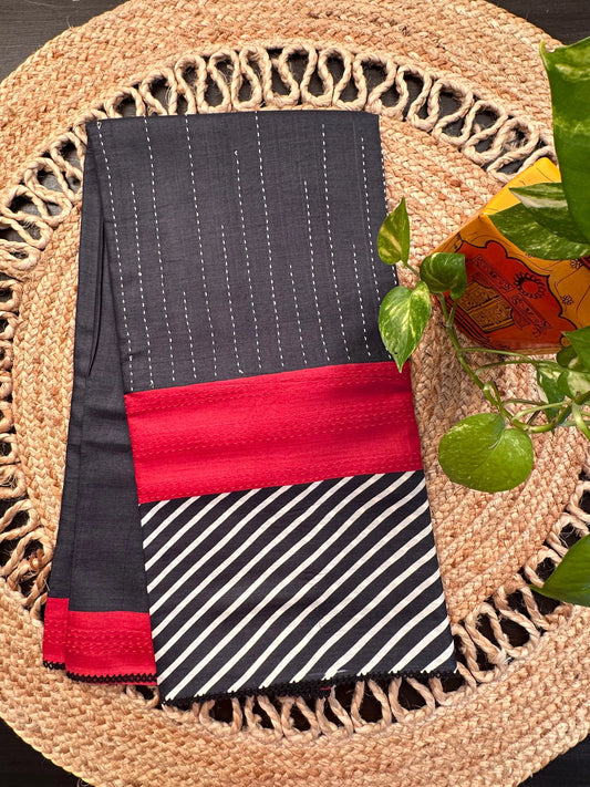 Black-White-Red Pure Tussar Silk Saree