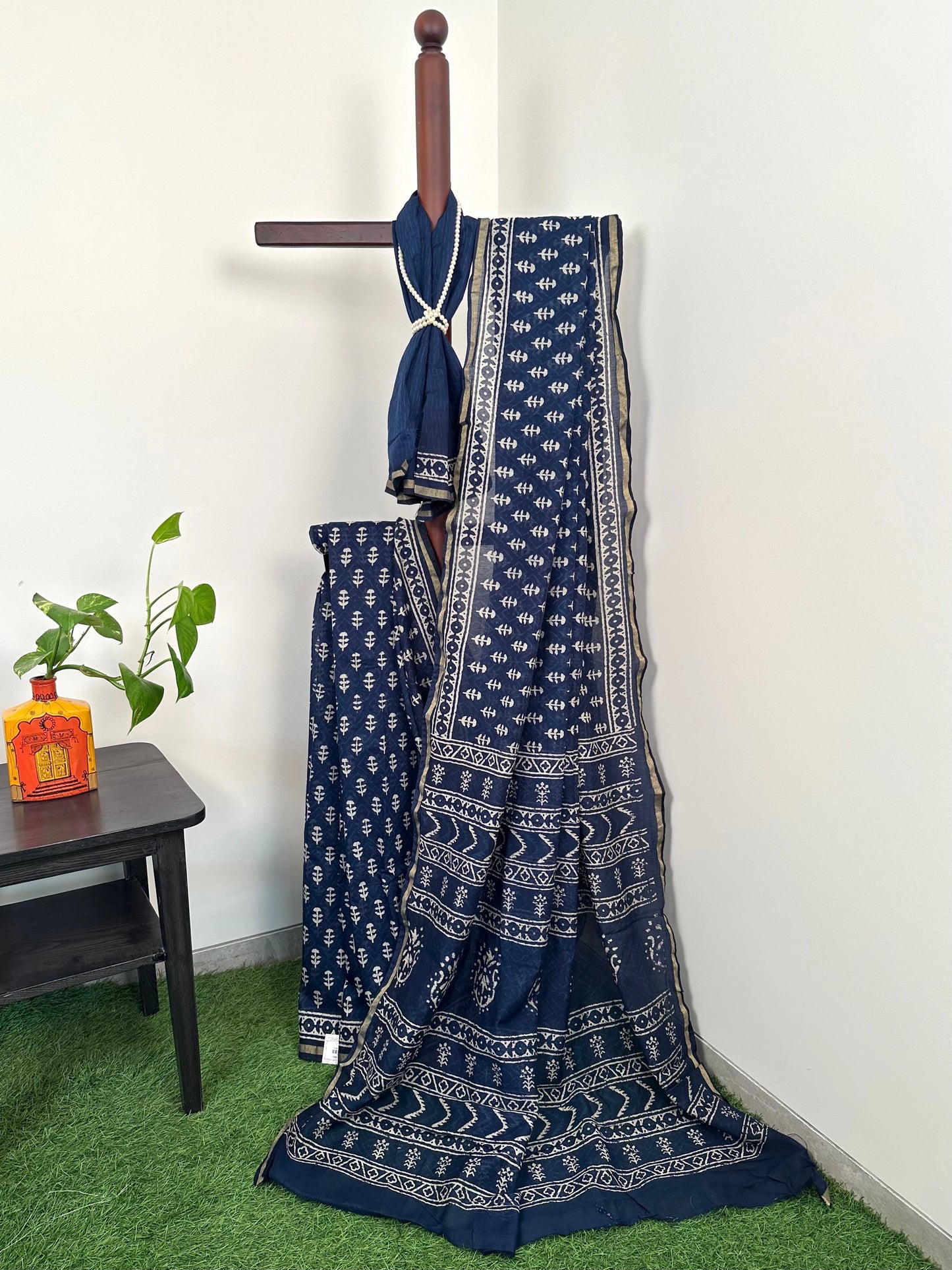 Indigo Blue Printed Cotton Blend Saree