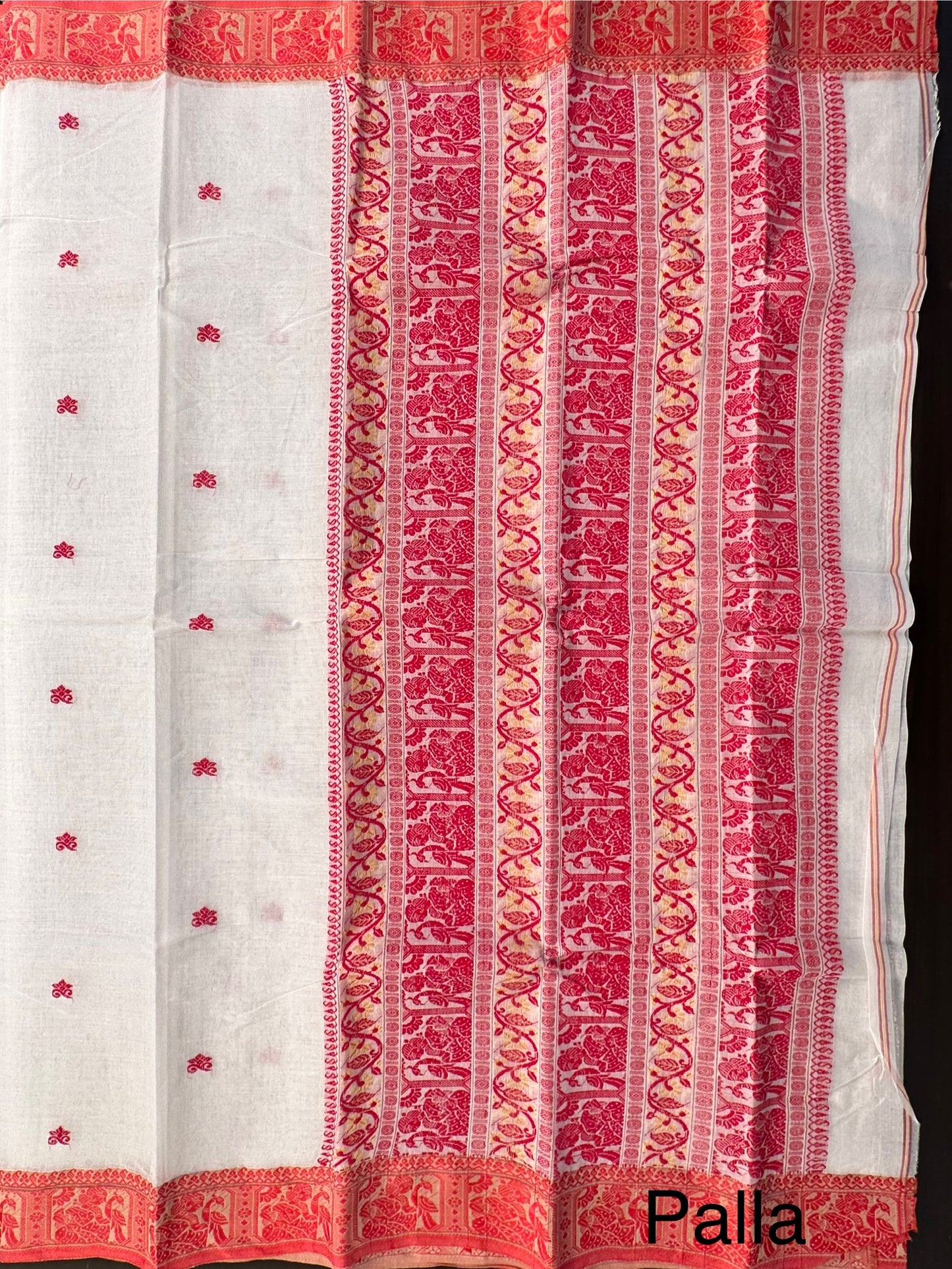 White Red Doodh Aalta Baluchari Weave Pure Cotton Saree