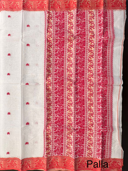 White Red Doodh Aalta Baluchari Weave Pure Cotton Saree