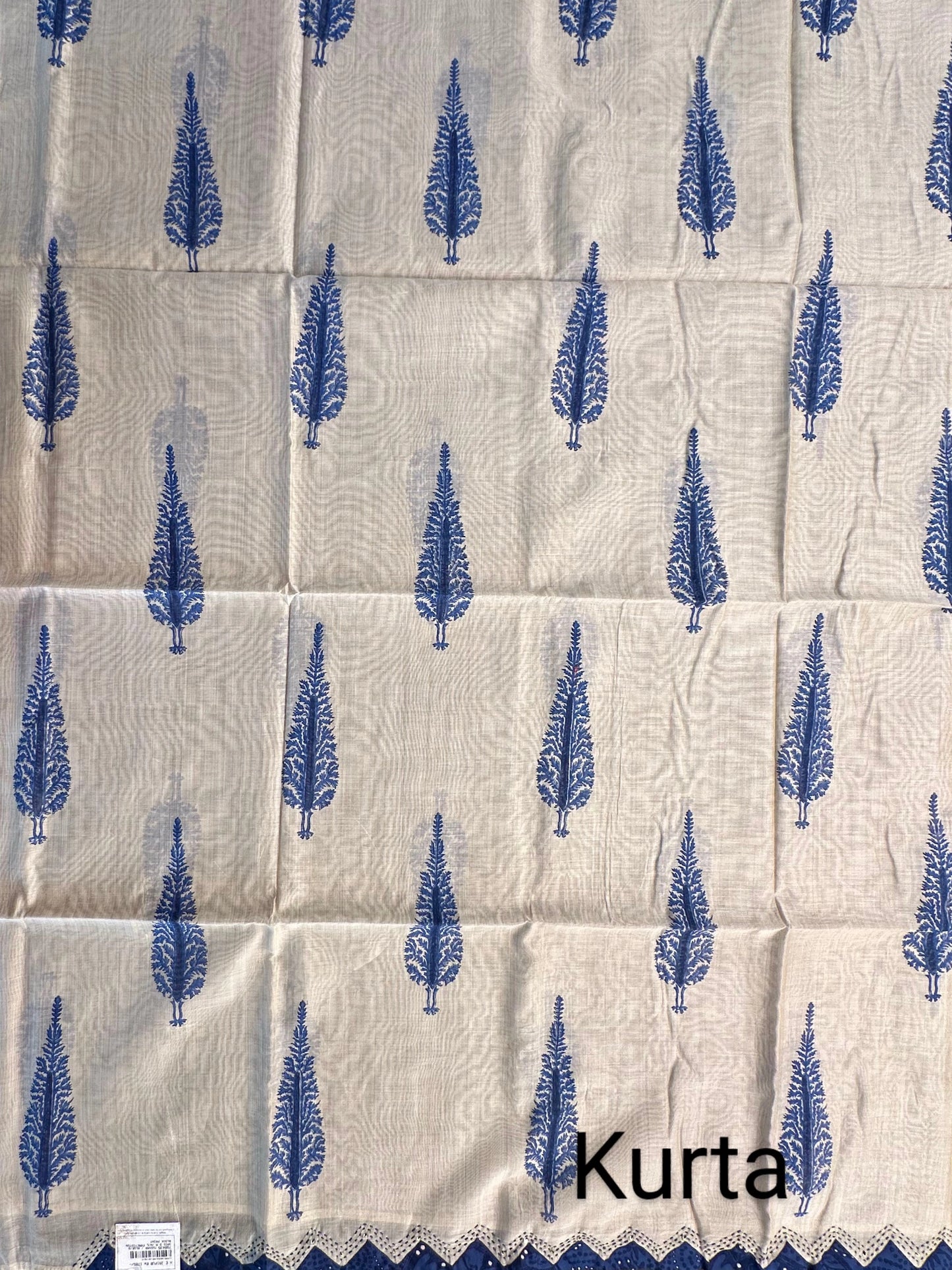 Beige-Blue Block Printed Fancy Cotton  Suit