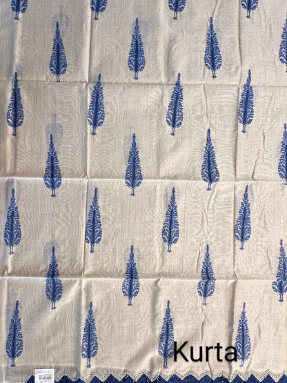 Beige-Blue Block Printed Fancy Cotton  Suit