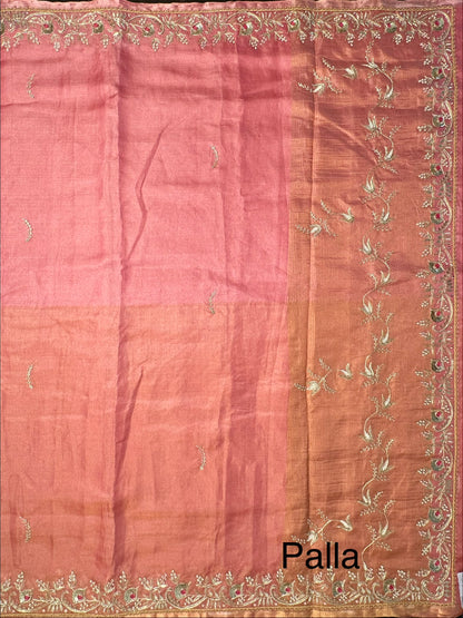 Coral Pink Tissue Silk Saree With Work