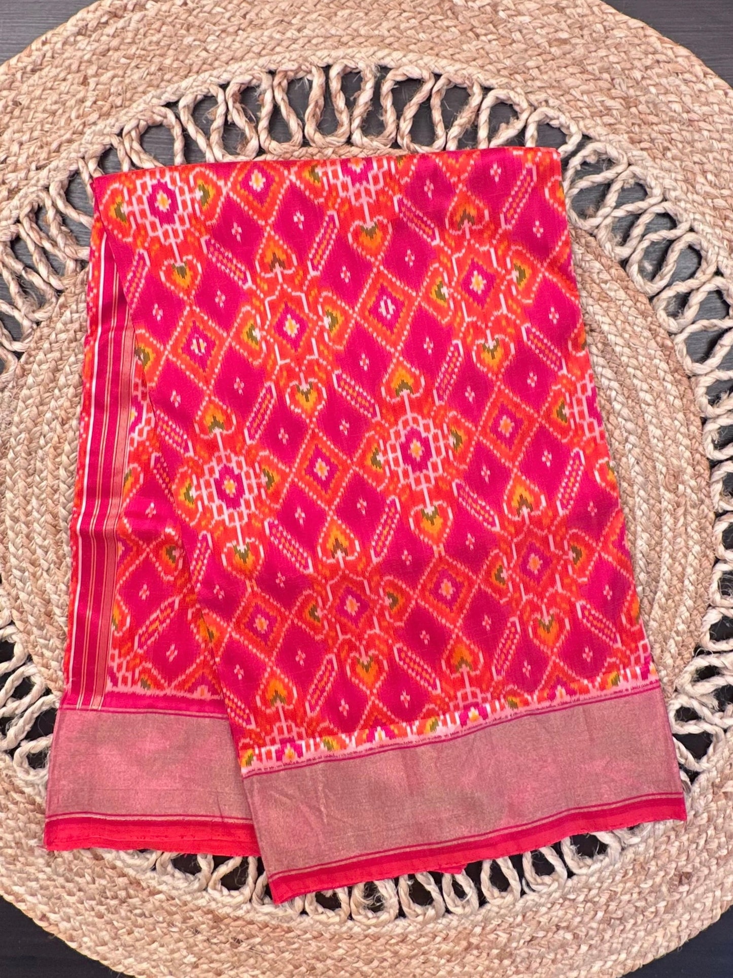 Orange-Rani (Dual Colour) Ikkat Pure Silk Saree