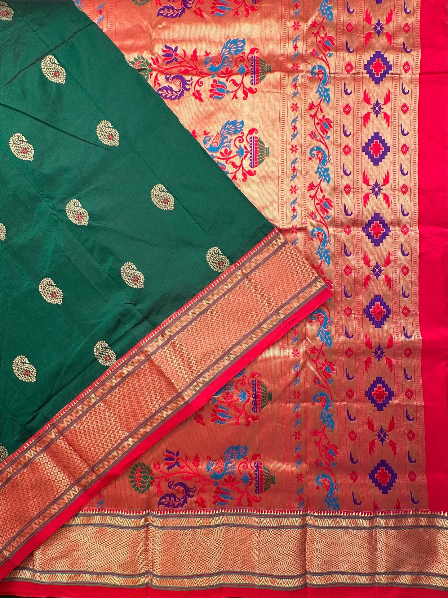 Bottle Green-Red Paithini Silk Saree
