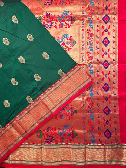 Bottle Green-Red Paithini Silk Saree