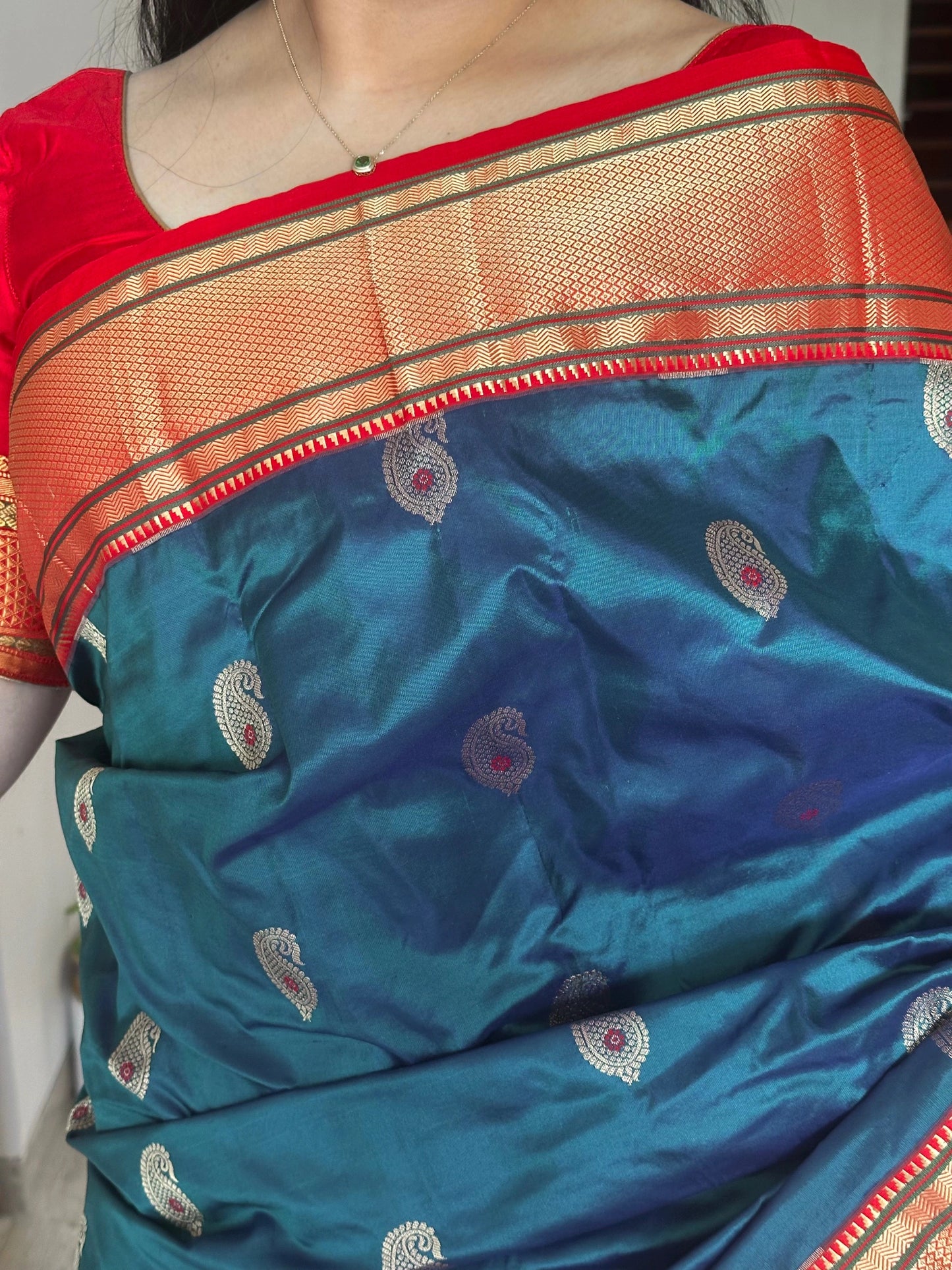 Peacock Blue-Red Paithini Silk Saree