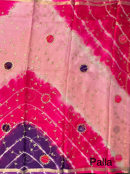 Pink-Rani  Kota Doria Pure Silk Saree With Gota Patti Work