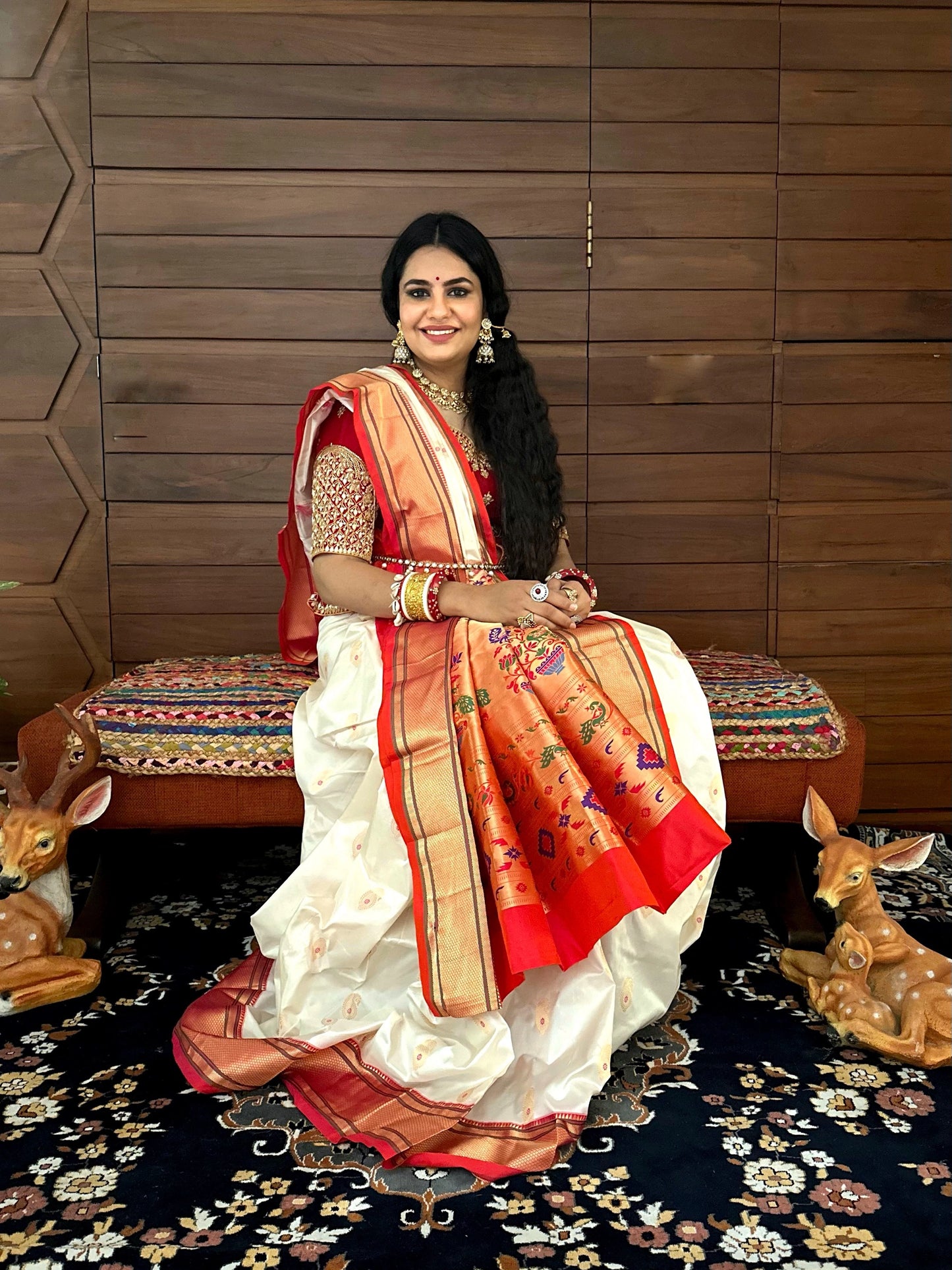 Off White-Red Paithini Silk Saree