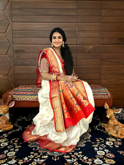 Off White-Red Paithini Silk Saree