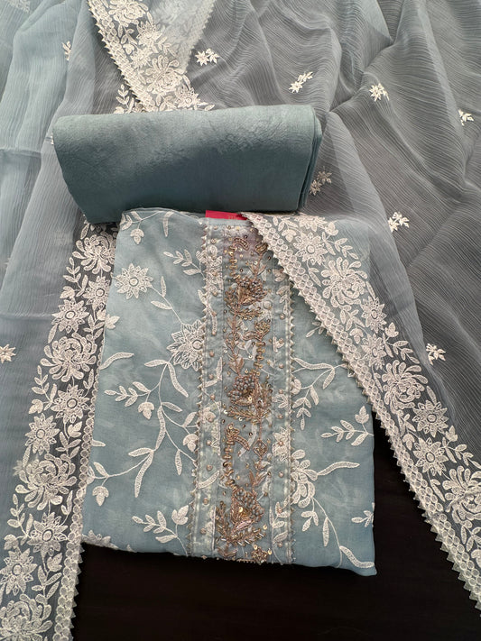 Powder Blue Art Organza 3-Piece Suit