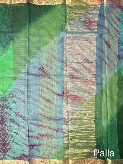 Sea Green-Green-Purple Shibori Kota Doria Pure Silk Saree