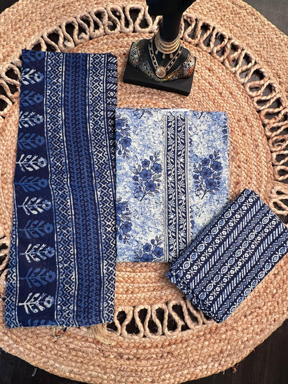 Navy Blue Jaipuri Necktie Cotton 3-Piece Suit