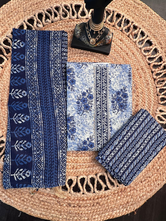 Navy Blue Jaipuri Necktie Cotton 3-Piece Suit