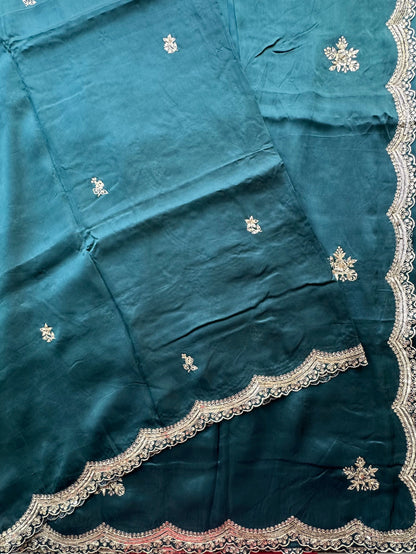 Turquoise Blue Artificial Crepe Saree With Hand Work