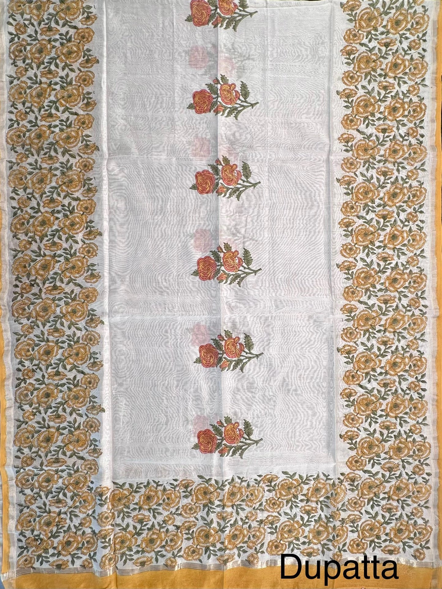 Off White-Yellow Hand Block Printed Chanderi 3-Piece Unstitched Suit with Aari Work