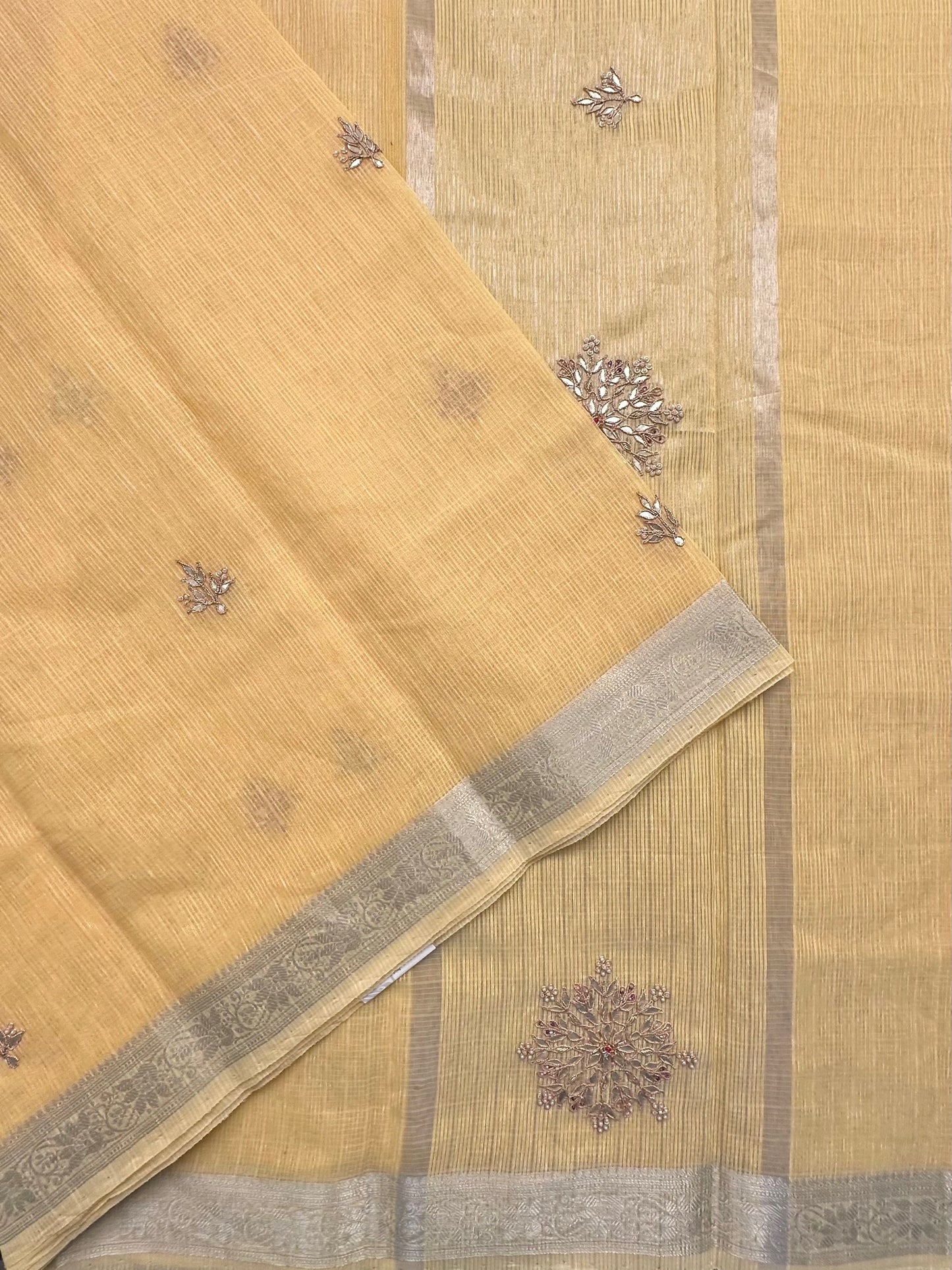 Yellow Fancy Cotton Saree With Hand Work