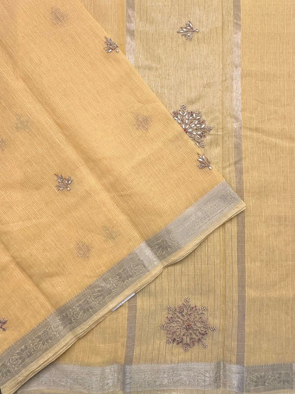 Yellow Fancy Cotton Saree With Hand Work