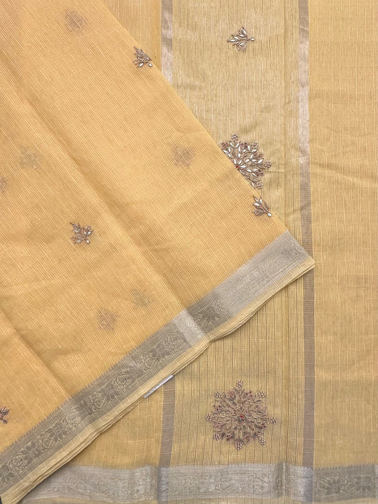 Yellow Fancy Cotton Saree With Hand Work