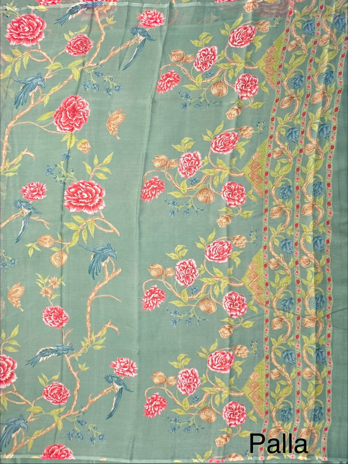 Sage Green Floral Print Chiffon Saree