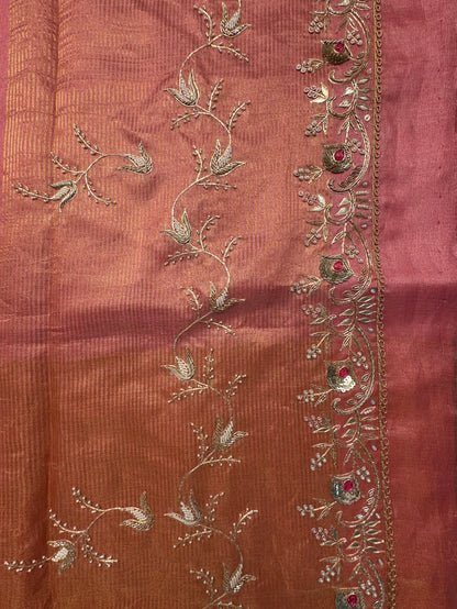 Coral Pink Tissue Silk Saree With Work