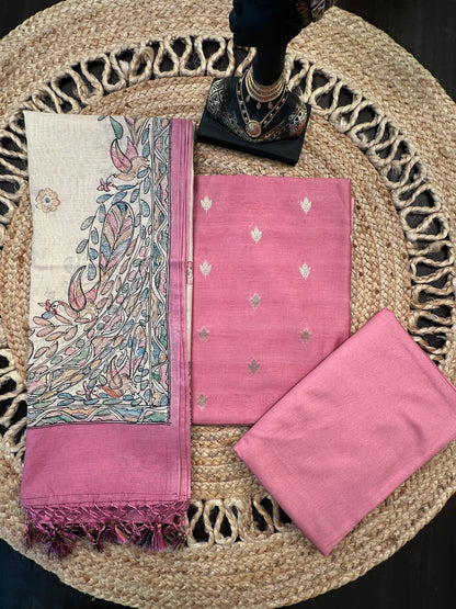 Pink Chanderi 3-Piece Unstitched Suit With Madhubani Dupatta