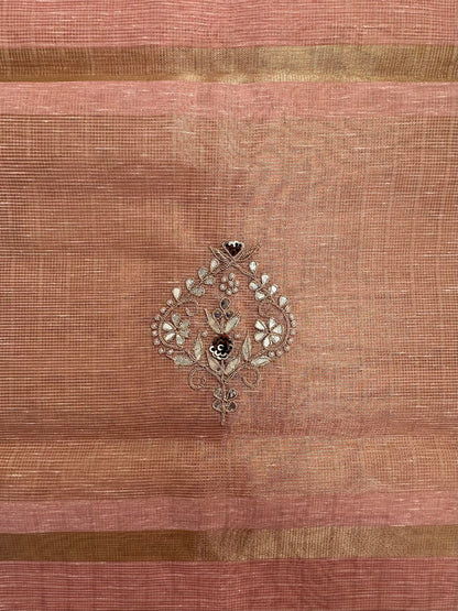 Pink Fancy Cotton Saree With Hand Work