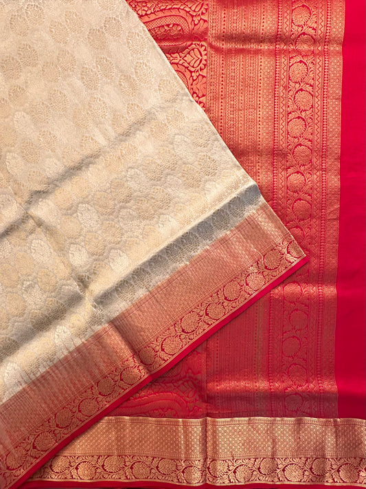 Cream-Red Handloom Kanjivaram Jamawar Pure Silk Saree