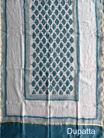 Navy Blue Chanderi Hand Block Printed 3-Piece Unstitched Suit