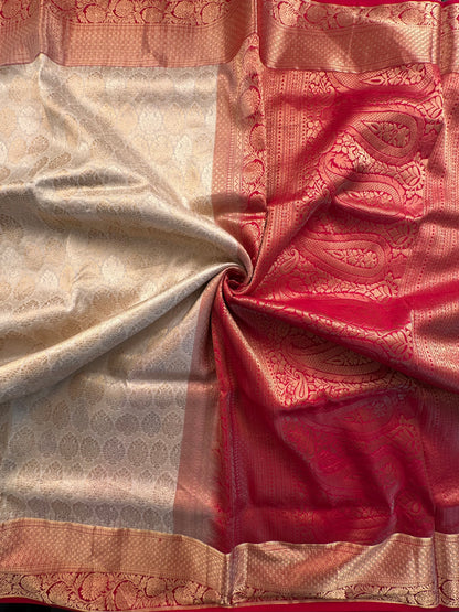Cream-Red Handloom Kanjivaram Jamawar Pure Silk Saree
