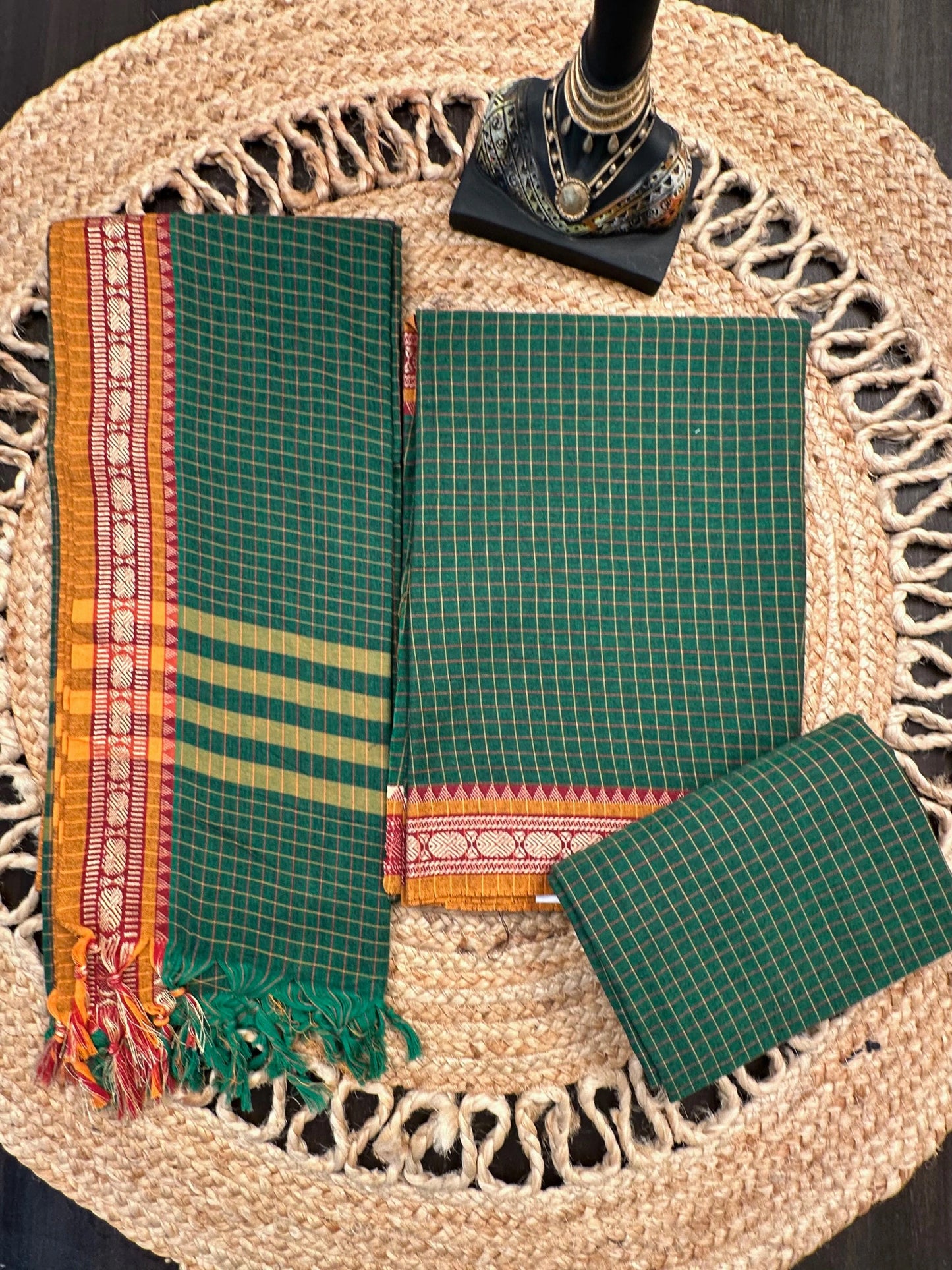 Green Checkered Dharwad South Cotton 3-Piece Suit