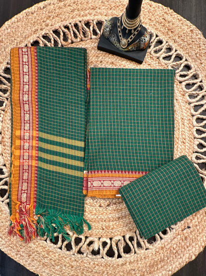 Green Checkered Dharwad South Cotton 3-Piece Suit