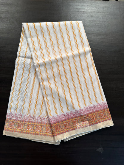 Off White- Black Block Printed Kota Doria Cotton Saree