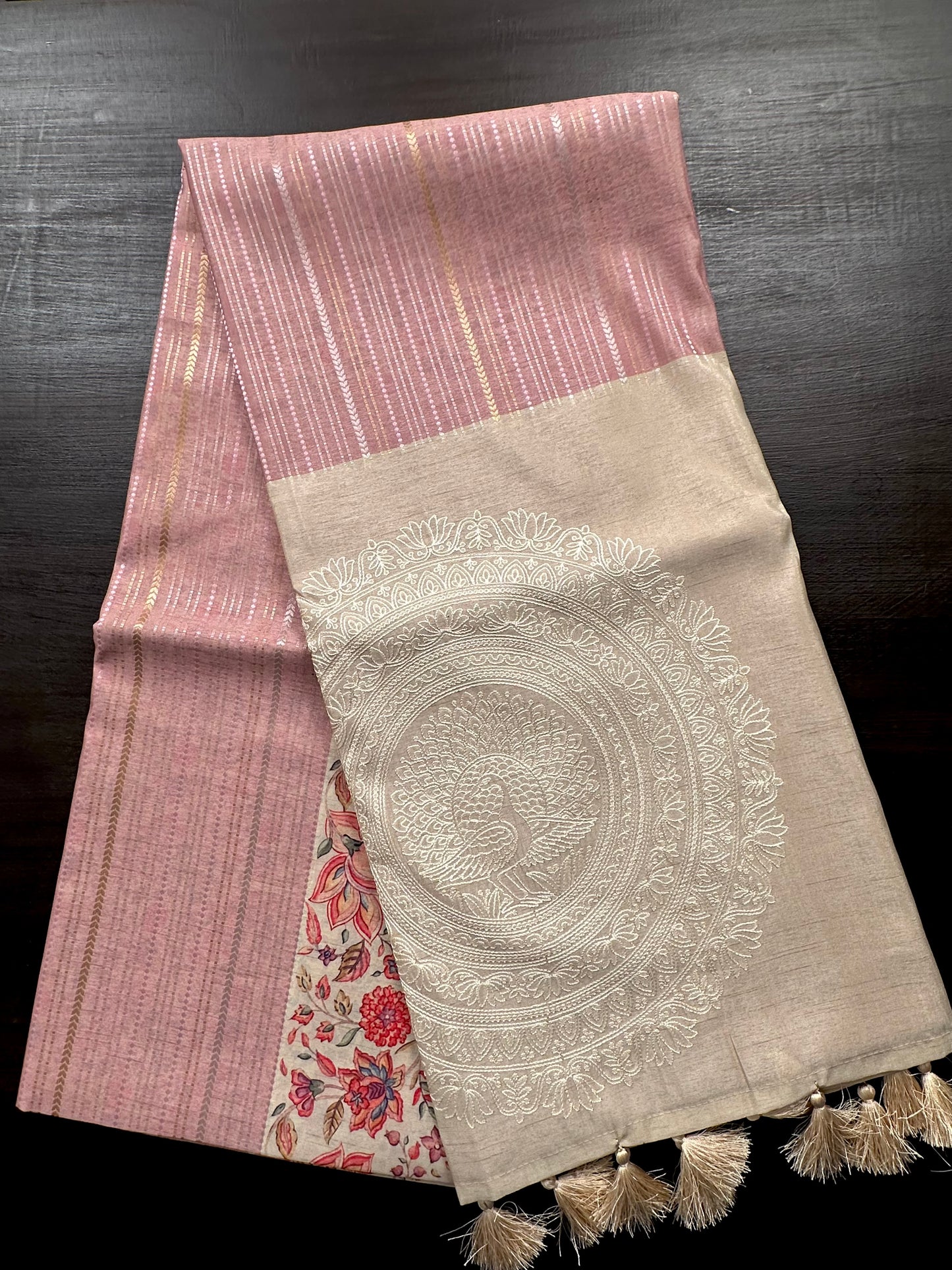 Pink-Beige Printed Art Silk Saree