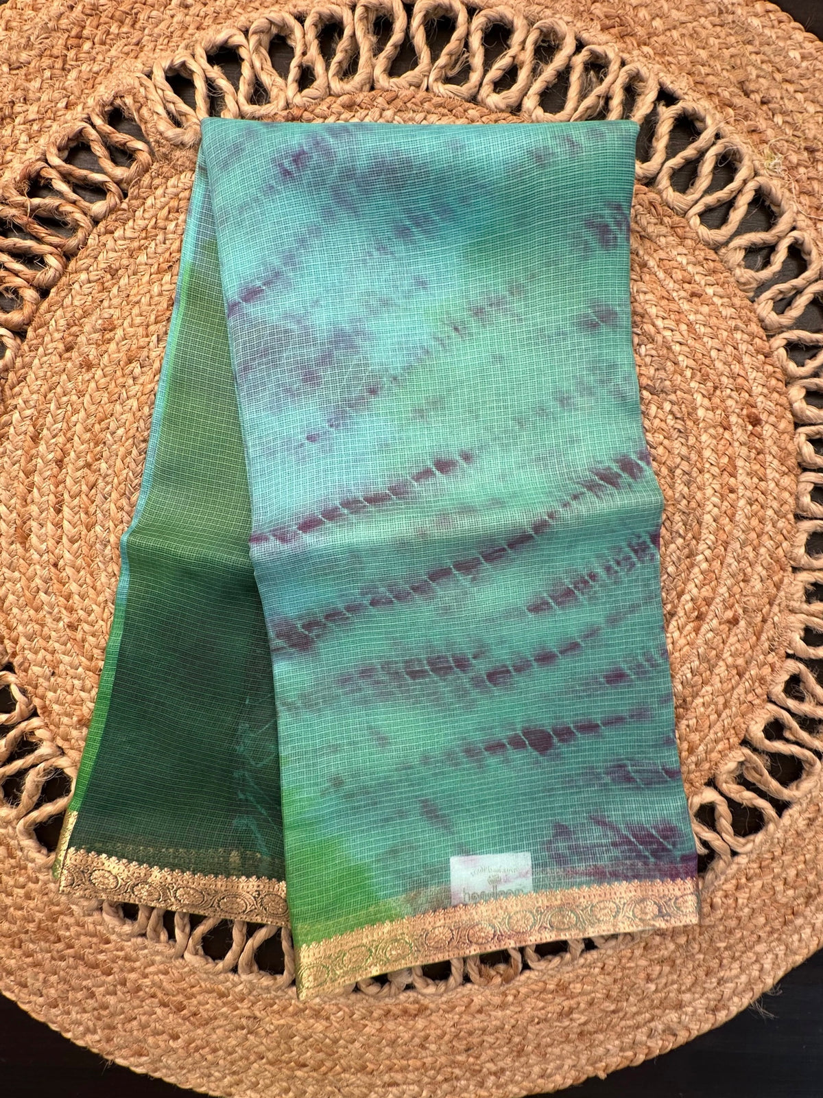 Sea Green-Green-Purple Shibori Kota Doria Pure Silk Saree