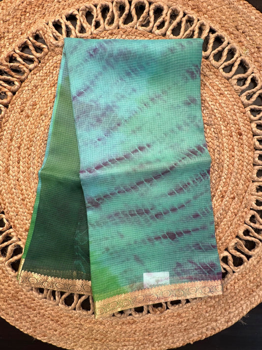 Sea Green-Green-Purple Shibori Kota Doria Pure Silk Saree