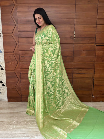 Parrot Green Khaddi Jaal Pure Georgette Saree