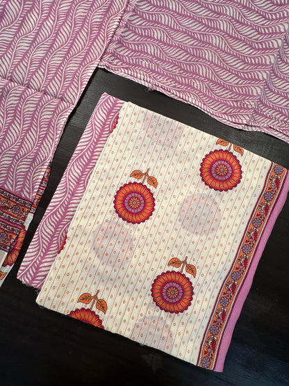 Cream-Pink Jaipuri Cotton 3-Piece Suit